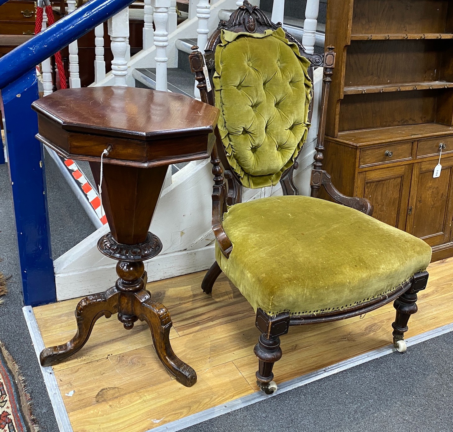 A Victorian mahogany salon chair and a Victorian octagonal trumpet work box